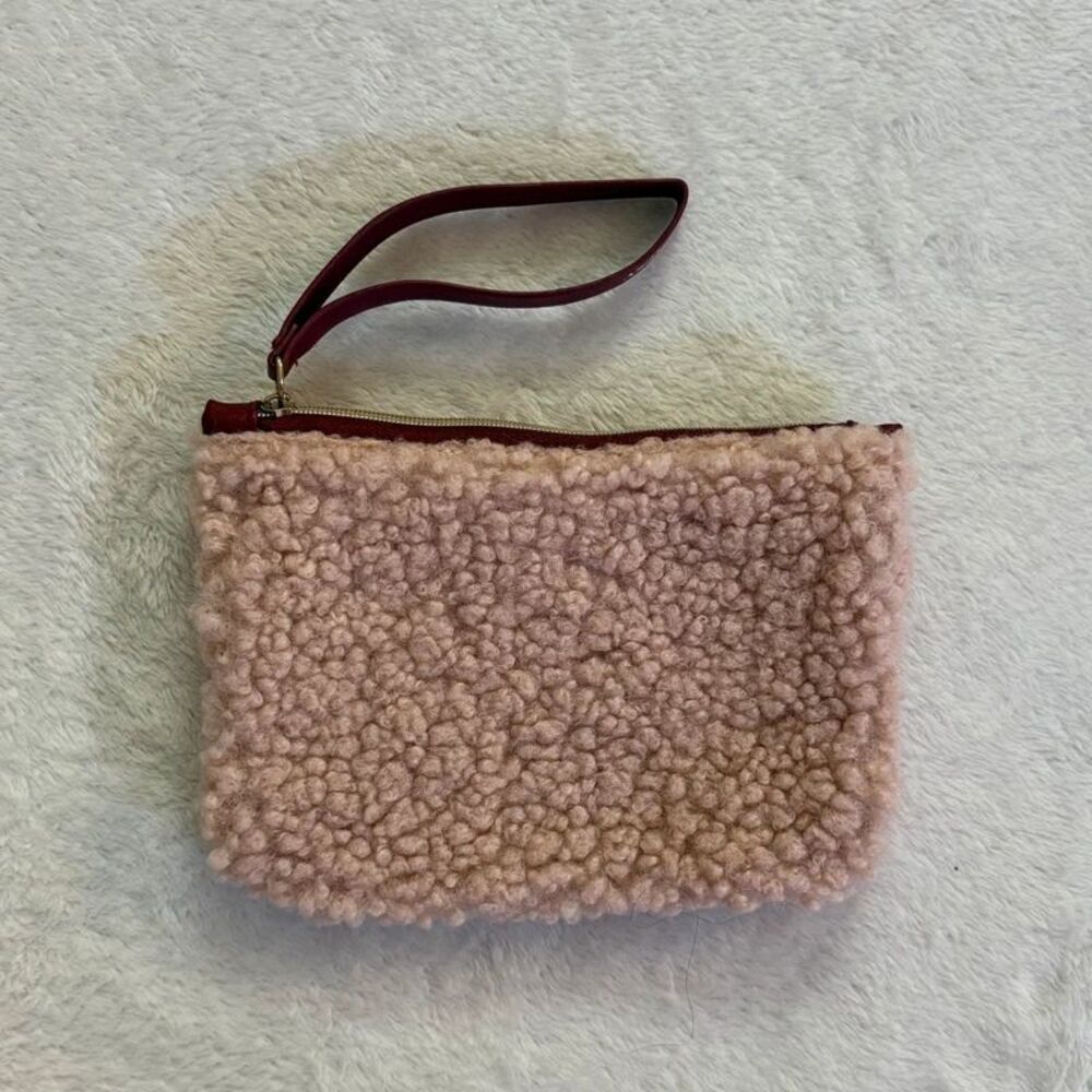 pink sherpa wristlet / mini cosmetic makeup bag